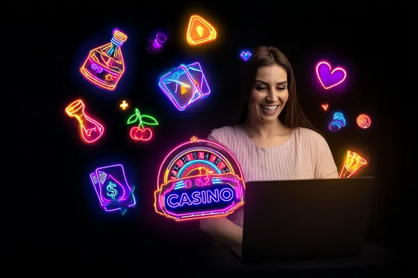 A woman smiling while playing online games on her laptop, surrounded by neon casino elements, showcasing JL56’s diverse game collection.